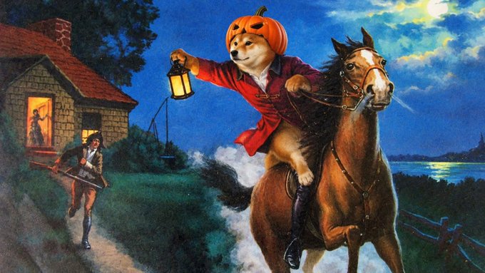 An illustration depicting the Headless Horseman as a Shiba Inu dog wearing a pumpkin on its head, riding a horse and holding a lantern, chasing a man with a musket near a house at night.