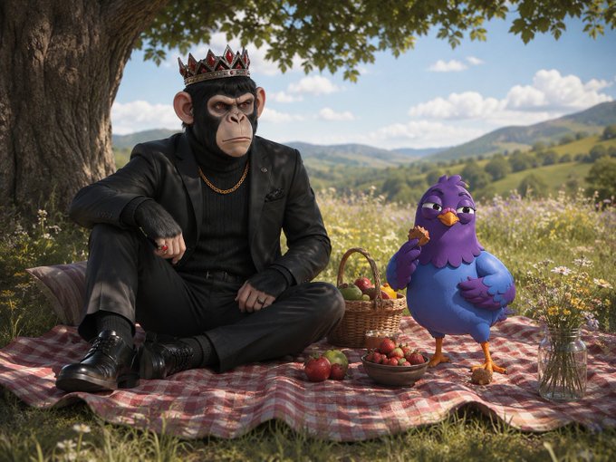 The image features a man sitting under a tree with a bird perched on his lap. The man appears to be wearing a suit and tie while the bird has a purple body and blue wings. In front of them, there are apples and an apple pie. The scene suggests that they might be having a picnic or enjoying some time outdoors together.