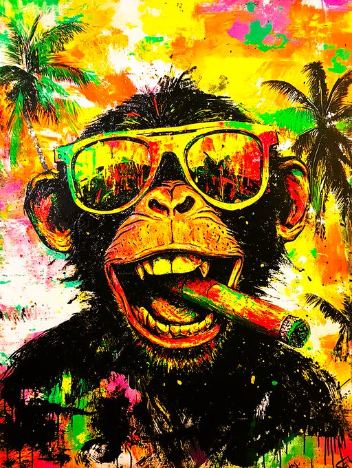 A vibrant, pop-art style painting of a chimpanzee wearing yellow sunglasses and smoking a cigar, surrounded by colorful paint splatters and palm trees.