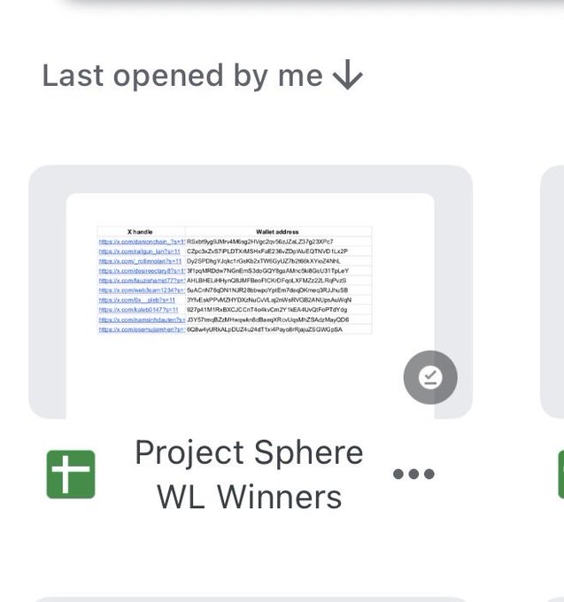 A screenshot of a Google Sheets-style file showing X (Twitter) handles and wallet addresses for 'WL Winners' of 'Project Sphere', displayed in what appears to be a file management app.