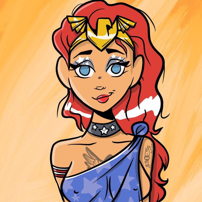 A cartoon-style illustration of a red-haired woman with a gold tiara, star-shaped makeup, and a star-patterned dress, resembling a stylized version of Wonder Woman.