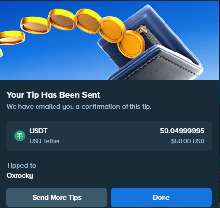 A confirmation screen shows a successful tip of 50.04999995 USDT (USD Tether), valued at $50.00 USD, sent to Oxrocky. The illustration of gold coins flowing into a wallet accompanies the message, representing one of six $50 tips sent out to various users on Stake as part of a giveaway celebration.