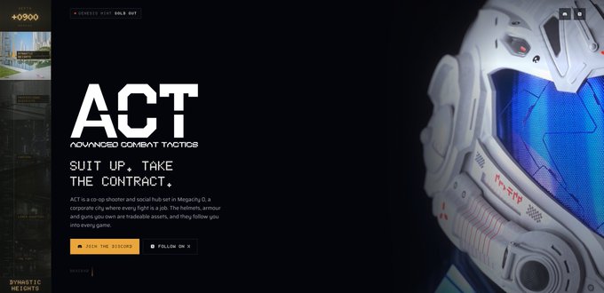 A dark webpage for a video game displays the large title 'ACT ADVANCED COMBAT TACTICS' with the subtitle 'SUIT UP. TAKE THE CONTRACT,' next to an image of a futuristic white helmet with a glowing blue visor.