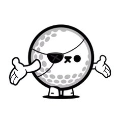 A simple black and white cartoon mascot character resembling a round ball with arms outstretched, featuring an eye patch and a dotted pattern on its body.