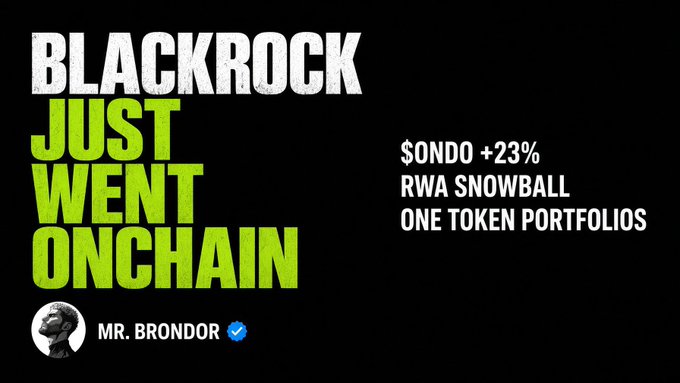 The image is a black-background graphic with bold white and lime green text reading "BLACKROCK JUST WENT ONCHAIN," alongside highlights of "$ONDO +23%," "RWA SNOWBALL," and "ONE TOKEN PORTFOLIOS," credited to "MR. BRONDOR." It visually amplifies the accompanying post's claim that BlackRock strategies have moved onchain via ONDO with one-token portfolios, marking a turning point for RWA.