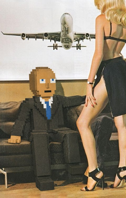 A pixelated block figure in a suit sits casually on a couch while a glamorous woman in a black dress poses beside him, with a vintage airplane flying overhead—an ironic juxtaposition embodying the absurd phrase "It's a lifestyle."