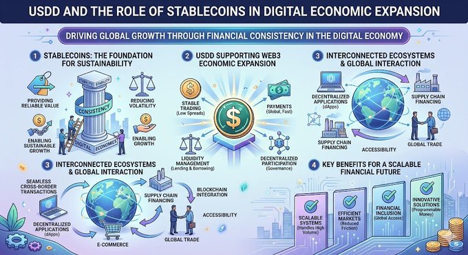 The image features a colorful poster that explains the role of stablecoins in digital economic expansion. The poster includes various illustrations depicting different aspects of stablecoin technology, such as coins being used to connect people around the world through blockchain technology or facilitating global financial interaction. The poster also highlights how stablecoins can provide financial consistency and support the growth of interconnected ecosystems within the digital economy.