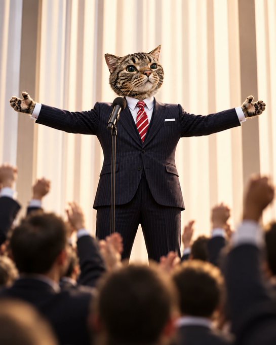 An AI-generated image shows a cat's head on a human body wearing a pinstripe suit with a red striped tie, arms wide open before a microphone as a crowd cheers.