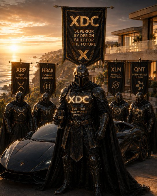 A knight in black armor stands before a luxury car and cliffside mansion at sunset, holding a goblet labeled 'XDC', surrounded by banners for cryptocurrencies including 'XRP FAST PAYMENTS', 'HBAR SCALABLE ENTERPRISE', 'XLM FINANCIAL CONNECTIONS', 'QNT INTEROPERABLE FUTURE', and a central 'XDC SUPERIOR BY DESIGN BUILT FOR THE FUTURE' banner.