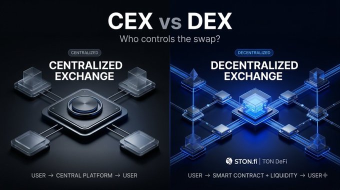An infographic comparing CEX vs DEX (Centralized Exchange vs Decentralized Exchange) explaining who controls the swap, with branding from STON.fi TON DeFi.