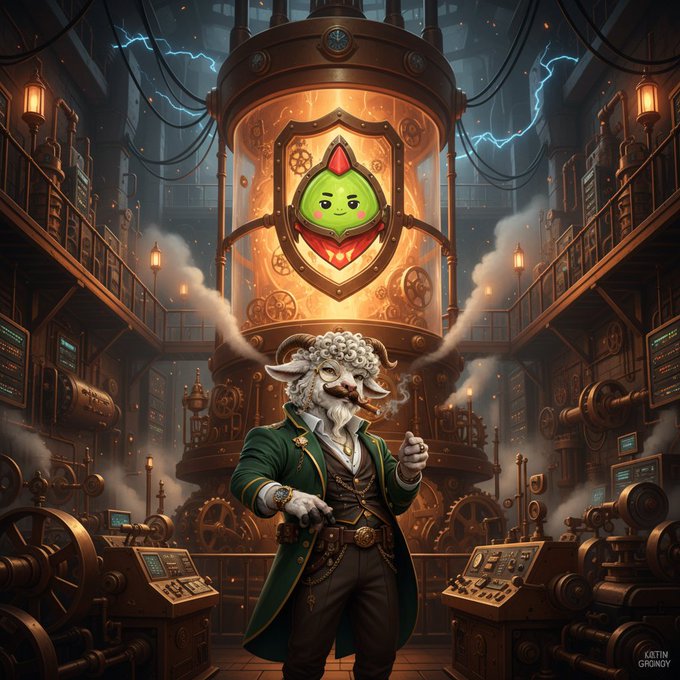 The image features a man dressed as a character, possibly a steampunk-inspired steampunk cowboy or a steampunk-themed steampunk dragon, standing next to a large machine that has a green face with a red nose. The man appears to be smoking a pipe while wearing a green coat and hat. In the background, there are other people present in the scene, but they do not seem to be interacting with the main character or his machine.