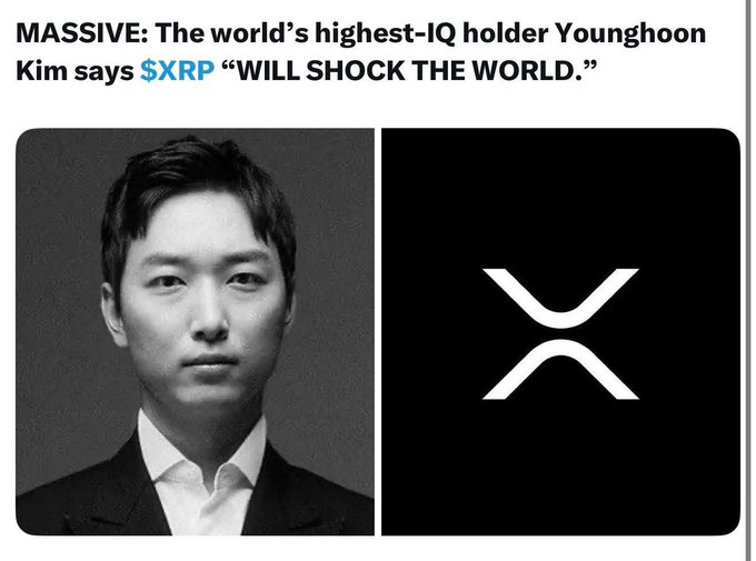 The image features a man wearing a suit, standing against a black background with a white logo of an XRP symbol above him. The caption below the photo reads "MASSIVE: The world's highest-IQ holder Younghoon Kim says $XRP 'WILL SHOCK THE WORLD."". This statement is made by the person in the image and it seems to be related to the post about Kim saying that she will shock the world.

The main focus of the image is on the man with the XRP symbol, while the caption provides context for the photo's content.