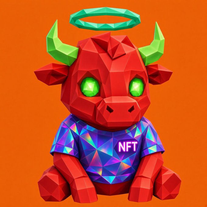 A low-poly red devil bull with green glowing eyes and a halo wears a holographic shirt labeled "NFT," symbolizing the project's resilience against FUD and commitment to long-term community building over quick flips. The devil-bull mascot embodies the rebellious "fud is sometimes marketing" mindset, suggesting that delays and criticism are part of a larger strategic plan.