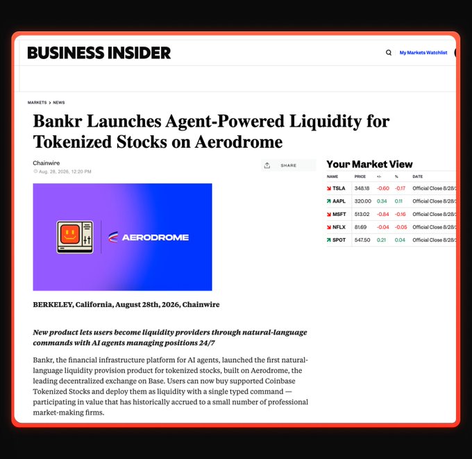 A Business Insider article dated August 28th, 2026 announces "Bankr Launches Agent-Powered Liquidity for Tokenized Stocks on Aerodrome," featuring a stock ticker sidebar showing TSLA at $348.18, AAPL at $320.00, MSFT at $513.02, NFLX at $81.69, and SPOT at $471.50. The image appears unrelated to the accompanying post about NVIDIA's $190 to $217 rally and token gains on $PURR, as it covers a separate news story about Bankr's new AI-powered liquidity product for tokenized stocks rather than specific stock performance or trading signals.