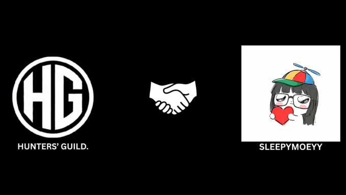 A graphic showing a handshake between the 'HG Hunters' Guild' logo and a chibi character logo labeled 'SLEEPYMOEYY'.
