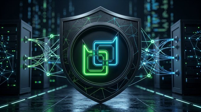 A 3D digital artwork showing a green and blue blockchain chain link icon inside a metallic shield, set against a server room background with glowing network connections.