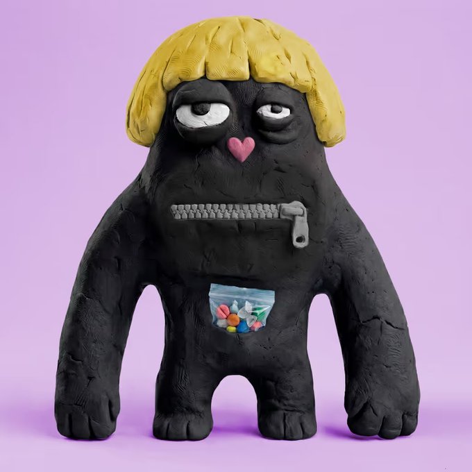 A 3D-rendered clay-style black monster figurine with a blonde bob haircut, a pink heart nose, and a zipper for a mouth stands against a purple background, featuring a small clear pouch of colorful candy on its belly.

The whimsical, edgy character appears to be the mascot for the upcoming "T00ns" NFT mint by @just_t00ns, matching the playful yet grungy aesthetic teased in the post about the project's hyped 5,000 supply launch and WL giveaway via @LSCabal_.