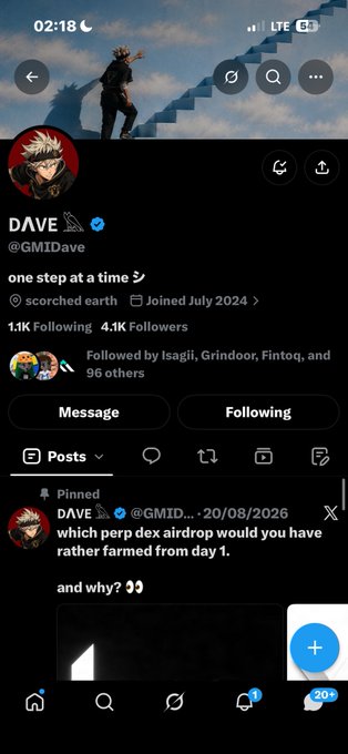 A social media profile for "DAVE" (@GM1Dave) is shown, featuring a pinned tweet asking about airdrop preferences for "DAVE"