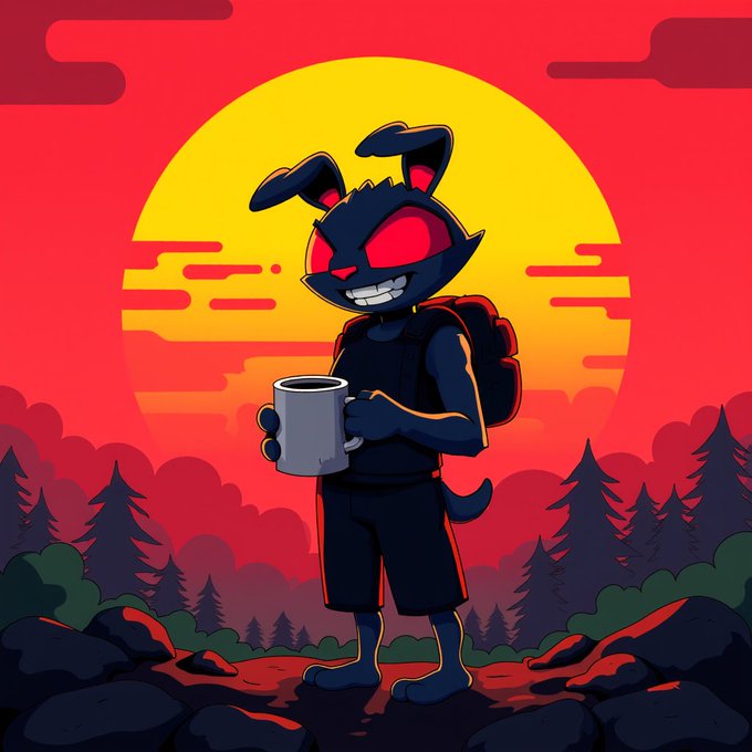 A dark cartoon bunny character with glowing red eyes holds a coffee mug against a vibrant red sunset backdrop, perfectly capturing the "GM" (Good Morning) vibe with its "rise and shine" energy and coffee in hand.