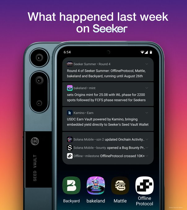 A promotional graphic titled "What happened last week on Seeker" showing a smartphone displaying crypto-related updates including bakeland, Kamino, Solana Mobile, and Offline Protocol.