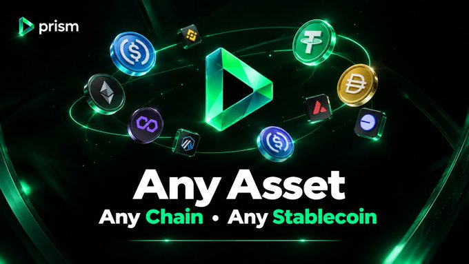 A promotional banner for Prism featuring a green 3D logo surrounded by various cryptocurrency tokens, advertising 'Any Asset, Any Chain, Any Stablecoin'.