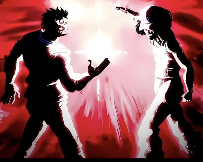 A dramatic anime-style image of two characters facing each other against a bright red and white background.