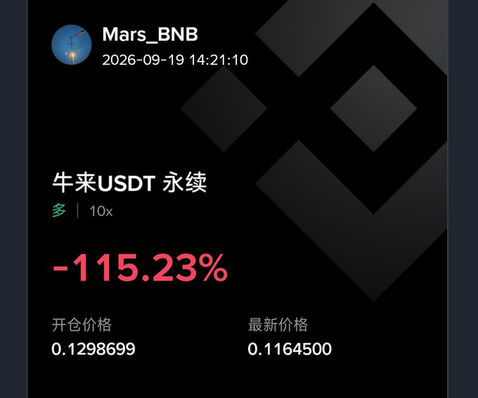 A trading position screenshot from Mars_BNB showing a 10x leveraged long on '牛来USDT永续' (Bull Come USDT Perpetual) with a -115.23% loss, opening price 0.1298699 and current price 0.1164500, dated 2026-09-19.