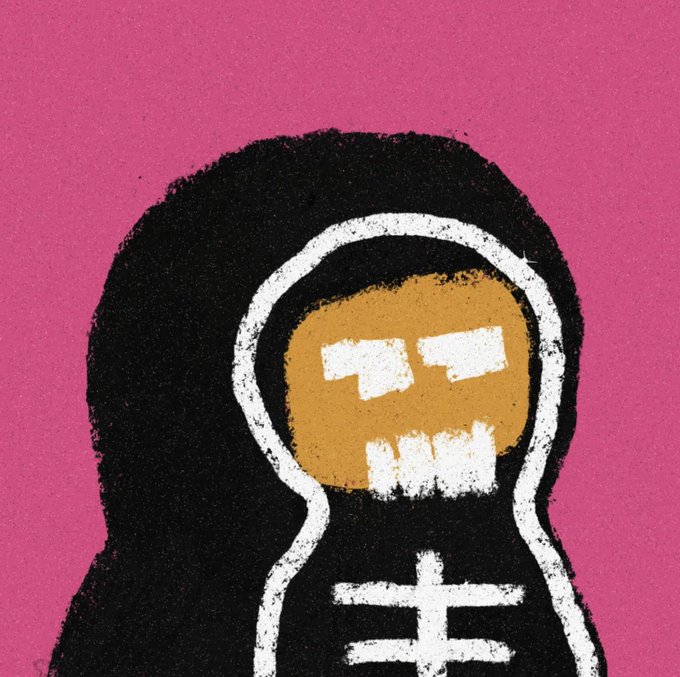 A stylized graphic of a hooded figure with a skull-like face, featuring a tan-colored visage with white eyes and teeth, set against a vibrant pink background.