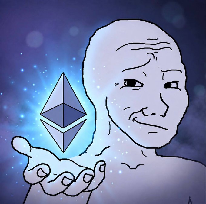 The 'Wojak' meme character, drawn in the classic simple style, holds out his hand to display a glowing Ethereum cryptocurrency logo against a cosmic, starry blue background.