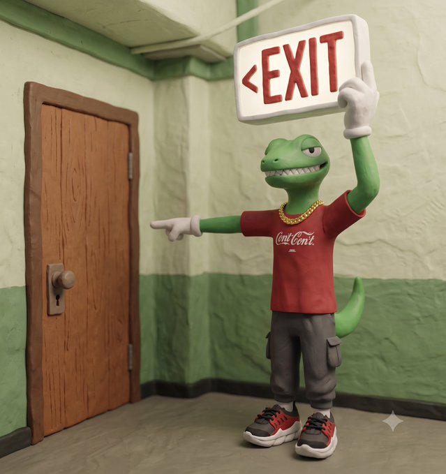 A green dinosaur character in a red "ContCont" shirt holds up an "EXIT" sign and points toward a wooden door, visually echoing the post's plea for traders to leave the NFT space so genuine community-driven pumps can return. The image's "please leave" message directly mirrors the caption's frustration with profit-driven sellers undermining authentic culture.