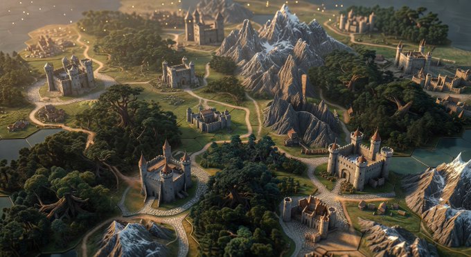 A 3D-rendered fantasy landscape featuring multiple castles, mountains, forests, and rivers arranged like a tabletop game map.