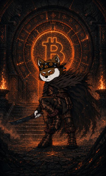 A dark fantasy illustration depicts an anthropomorphic cat warrior wearing a Bitcoin-emblazoned crown and tattered cloak, holding a dagger before an ancient stone archway inscribed with runes and a glowing orange Bitcoin symbol.