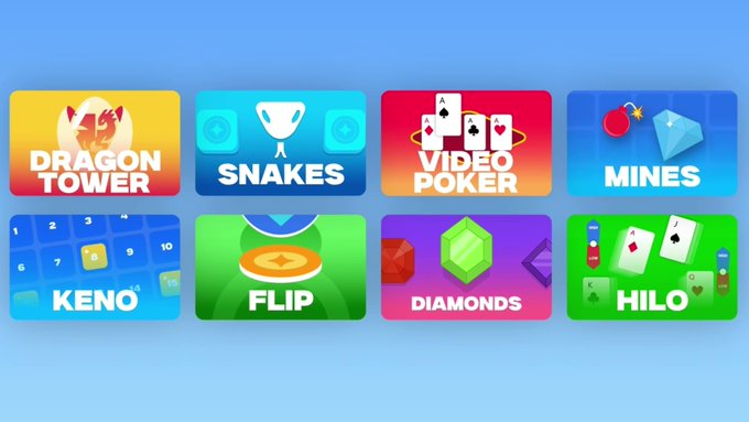 A grid of eight colorful game tiles featuring titles including Dragon Tower, Snakes, Video Poker, Mines, Keno, Flip, Diamonds, and HiLo.
