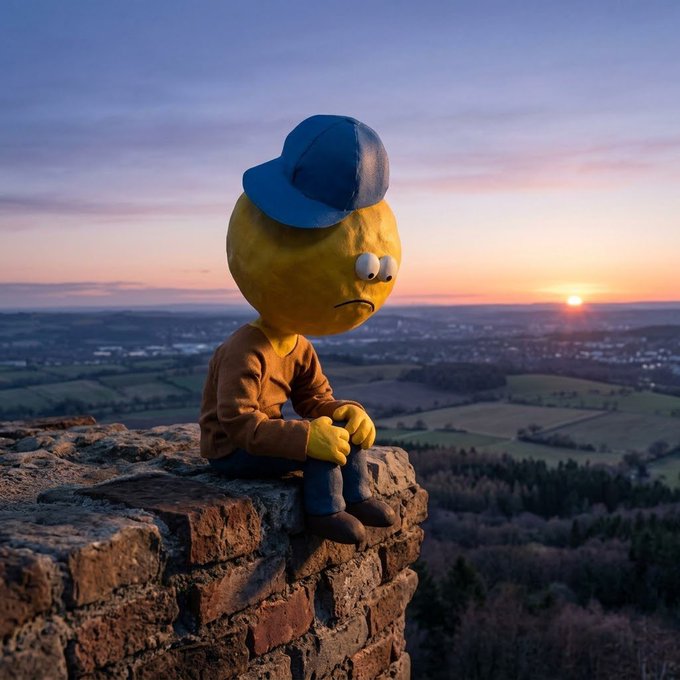 A yellow character with a blue cap and brown sweater sitting alone on a brick wall, looking out over a landscape at sunset.