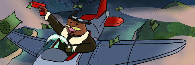 An animated scene of a bear pilot wearing goggles and a scarf flying a plane while firing a red gun that shoots out dollar bills.