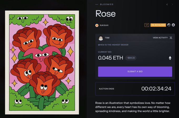 An NFT auction page titled 'Rose' by artist BUKISUKI, part of the BLOOMIES collection, showing a current bid of 0.045 ETH and an illustration of cartoon roses with faces.