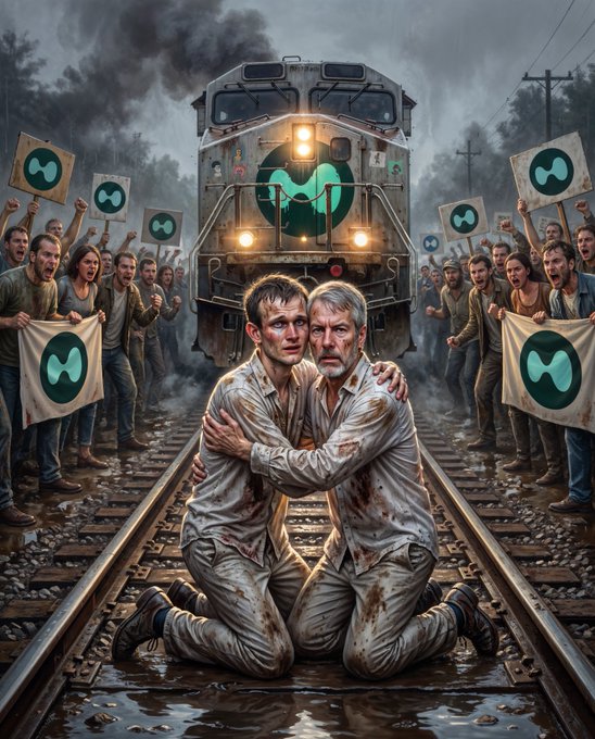 The image features two men kneeling next to each other, with a train passing by behind them. They are both wearing white clothing, which contrasts with their muddy surroundings. The background includes a train track and several people holding up signs that say "MOJO Hyperliquid". This suggests that the painting is inspired by an art movement or concept called "Hyper Liquid" in the 1990s. The artist may have been influenced by this movement to create a piece of art that captures the fluidity, chaos, and emotional intensity often associated with the concept of Hyper Liquid.