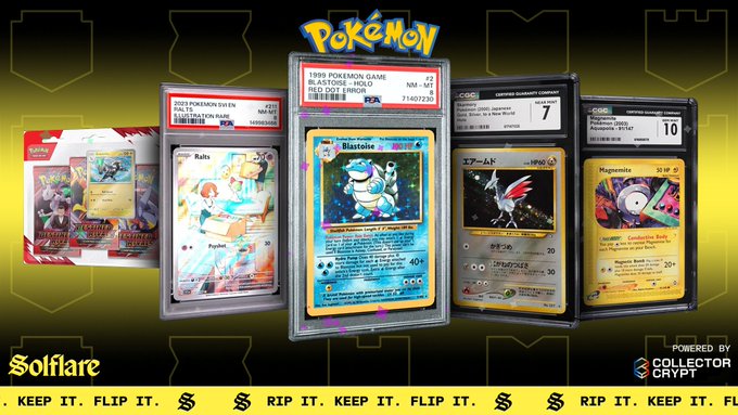 Promotional image featuring Pokémon TCG memorabilia including a PSA-graded Blastoise card (#2, NM-MT 8), a Raichu illustrator card, and CGC-graded Japanese cards including Skarmory (7) and Magnemite (10), displayed with 'Solflare' and 'Collector Crypto' branding alongside a tagline reading 'KEEP IT. FLIP IT. RIP IT.'