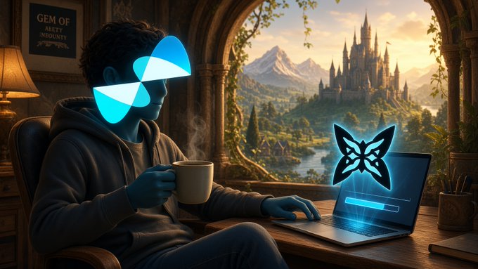 AI-generated image of a hooded figure with a blue glowing geometric logo for a face, holding coffee and working on a laptop displaying a butterfly/fox emblem, set in a castle room overlooking a fantasy landscape.