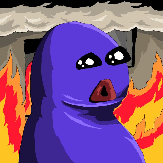 A cartoonish purple character with wide, glossy eyes and an open mouth stands amidst stylized orange and red flames.