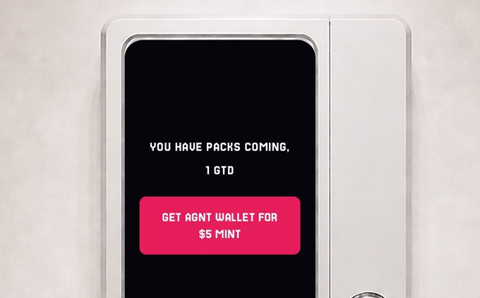 A card reader displays a message reading "YOU HAVE PACKS COMING, 1 QTD" above a pink button prompting "GET AGNT WALLET FOR $5 MINT," promoting the AGNT Social mint referenced in the post.