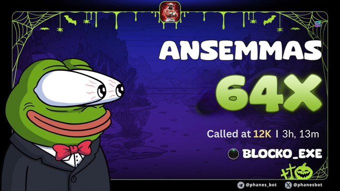 A graphic titled "ANSEMMAS" displays a large green "64X" with the text "Called at 12K | 3h, 13m" and a username "BLOCKO_EXE," featuring a Pepe the Frog character dressed in a tuxedo on a dark, Halloween-themed background.