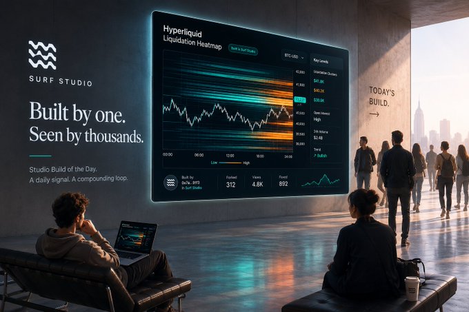 A futuristic 'SURF STUDIO' promotional scene with the tagline 'Built by one. Seen by thousands.' and a 'Hyperliquid Liquidation Heatmap' displayed on a large screen, with people observing in a modern lounge setting.