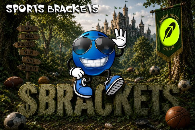 A promotional graphic titled 'SPORTS BRACKETS' features a blue cartoon smiley face wearing sunglasses, sitting on '$BRACKETS' lettering with sports balls, directional signs (NFL, NBA, SOCCER, MLB, NHL, CRICKET), and a 'ROBIN HOOD CHAIN' banner.