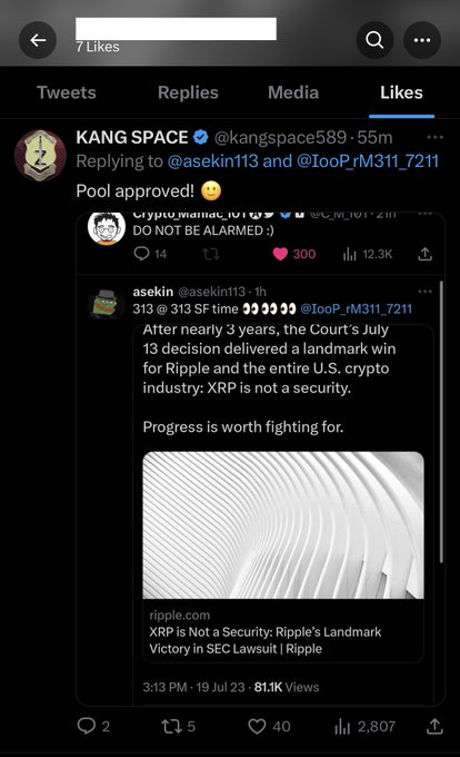 A Twitter screenshot showing a liked tweet from KANG SPACE (@kangspace589) replying 'Pool approved!' with a shocked emoji, to a discussion about a court ruling that XRP is not a security.