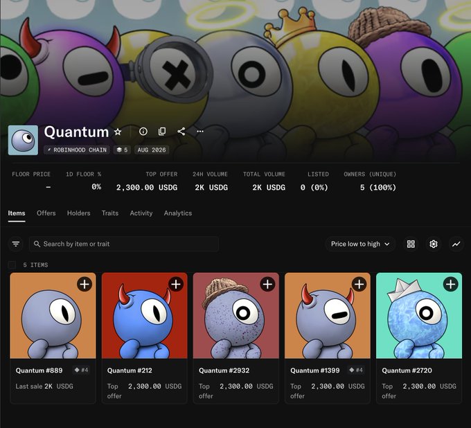 The image shows a Robinhood Chain NFT collection page for "Quantum," featuring 4,000 one-eyed spherical characters, with 5 items displayed including Quantum #889 (last sale 2K USDG), #212, #2932, #1399, and #2720, all with top offers of 2,300.00 USDG. The collection stats show a 0% 1D floor change, 5 unique owners (100%), and a total volume of 2K USDG, supporting the post's description of an experimental hourly lottery draw for these quirky one-eyed creatures.