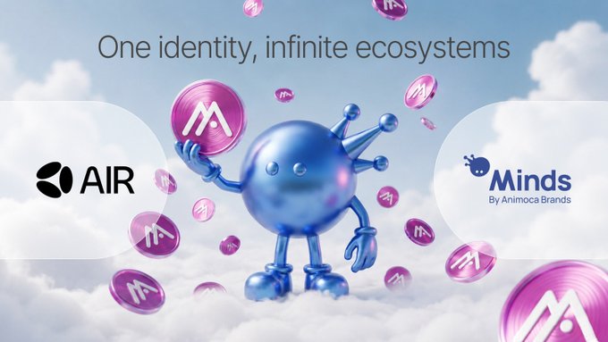 The image features a blue character standing on a cloud-like surface surrounded by pink circles. The character appears to be holding a bunch of coins while wearing a crown. The background shows a sky with clouds, creating an atmosphere reminiscent of a fairytale or magical setting. In the bottom right corner of the image, there is text that reads "GMoca, GMinds! We're working on something very special for the @Moca_Network community Stay tuned for exclusive campaigns that reward MocaProof holders with free Cognition credits on Minds".