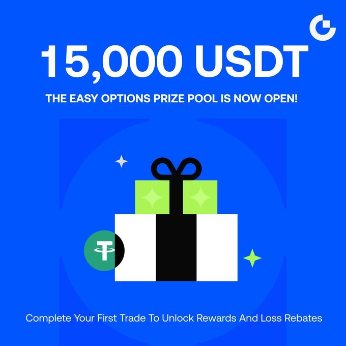 The image announces a "15,000 USDT Easy Options Prize Pool" that is now open, featuring a gift icon and the USDT symbol. It visually supports the announcement of rewards for trades and tasks.