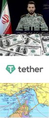 The collage features a military figure with an Iranian flag, a pile of U.S. hundred-dollar bills, and logos for Tether cryptocurrency, alongside a historical map of the Persian Empire—visually illustrating Iran's shift away from the U.S. dollar toward crypto-based trade, particularly using Tether (USDT) for export payments.