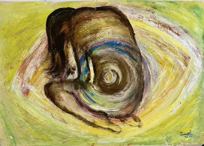 An abstract acrylic painting titled "Spiral of Becoming" features swirling browns and greens forming a vortex-like figure against a bright yellow-green background, embodying the transformative theme suggested by the title. The artwork, sold for 10 tez on objkt.com, visually echoes the concept of continuous evolution through its spiraling, ever-unfurling form.